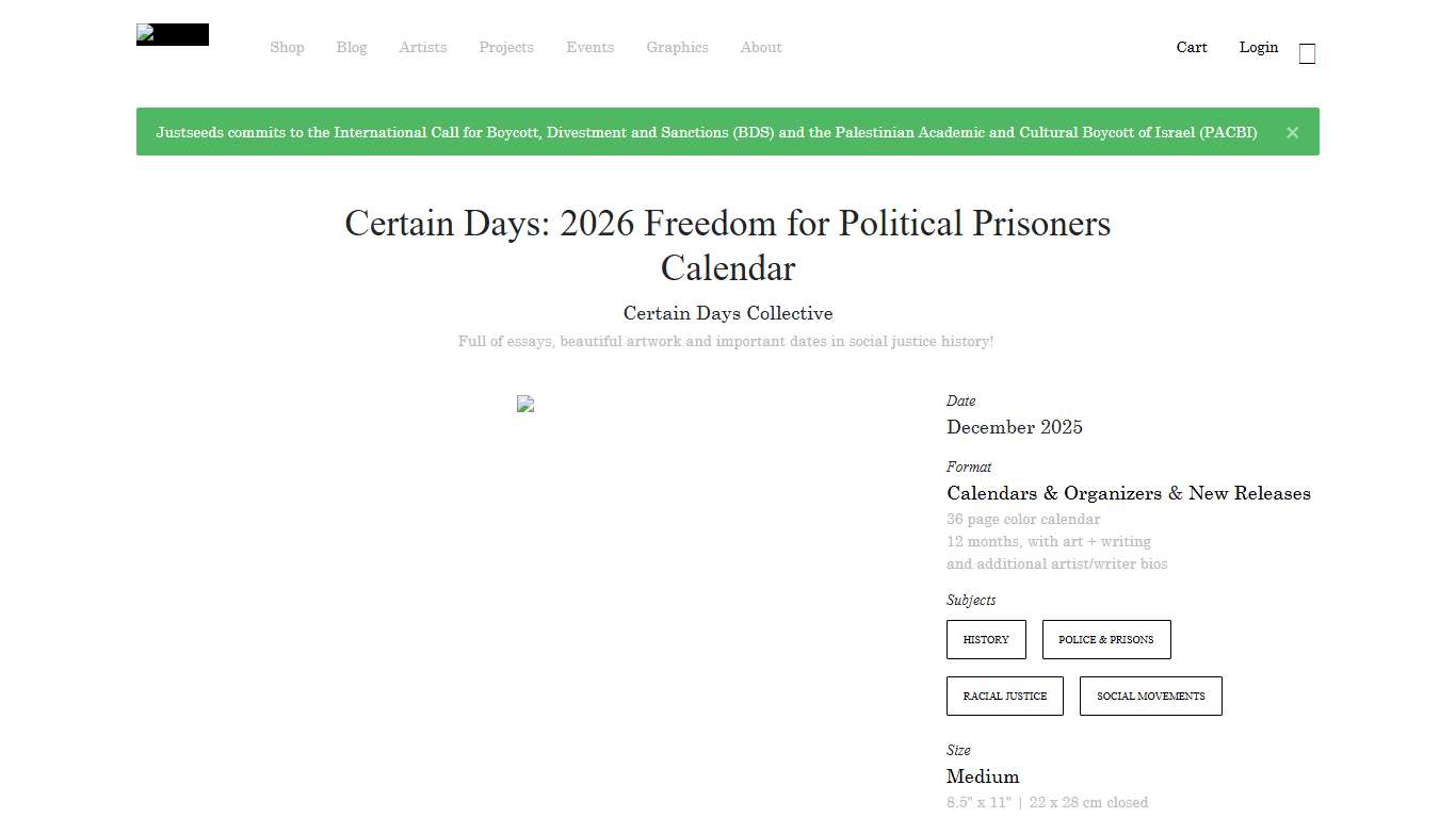 Certain Days: 2026 Freedom for Political Prisoners Calendar - Justseeds