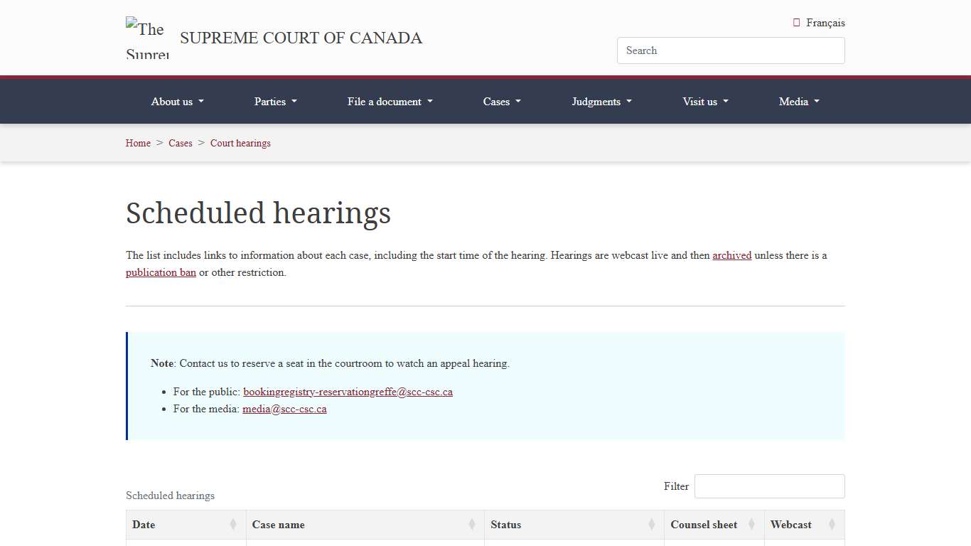 Supreme Court of Canada Scheduled hearings