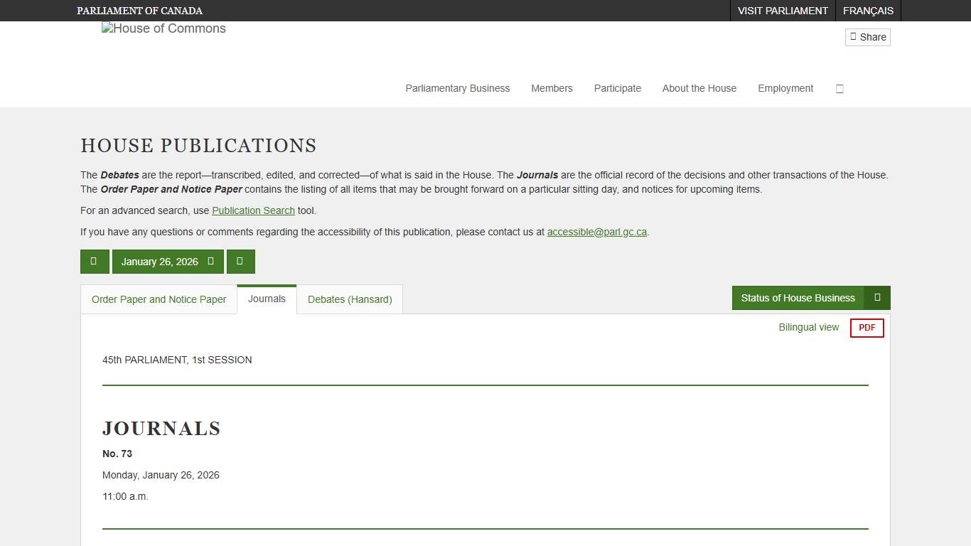 Journals No. 73 - January 26, 2026 (45-1) - House of Commons of Canada